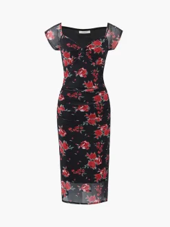 Floral Print Ruched Side Midi Dress Black Dresses|Casual Dresses