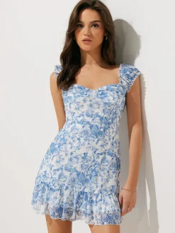 Outlet Floral Print Ruffle Short Dress Casual Dresses|Floral Dresses