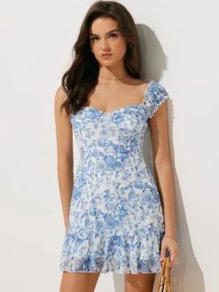 Outlet Floral Print Ruffle Short Dress Casual Dresses|Floral Dresses