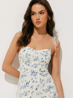 Sale Floral Print Shirred Cami Long Dress White Dresses|Casual Dresses