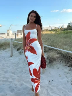 Sale Floral Print Sleeveless Split Long Dress White Dresses|Casual Dresses