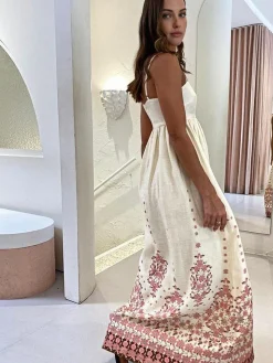 Online Floral Print Spaghetti Strap Long Dress White Dresses|Casual Dresses