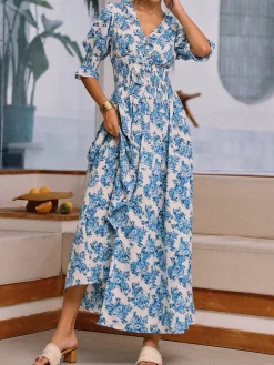 Online Floral Print Split Long Dress Floral Dresses|Vacation Dresses