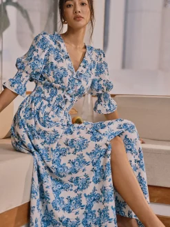 Online Floral Print Split Long Dress Floral Dresses|Vacation Dresses