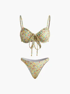 Best Floral Print Tie Front Bikini Set Swimwear|Tops