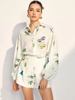 Clearance Floral Printed Lapel Long Sleeve Shorts Set Shorts Sets|Shorts