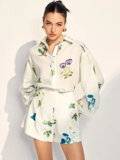 Clearance Floral Printed Lapel Long Sleeve Shorts Set Shorts Sets|Shorts