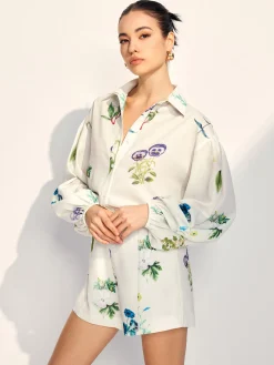 Clearance Floral Printed Lapel Long Sleeve Shorts Set Shorts Sets|Shorts