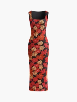 Best Floral Printed Mesh Tank Dress Black Dresses|Casual Dresses