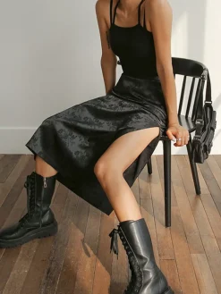 Discount Floral Satin Slit Midi Skirt Skirts|Bottoms
