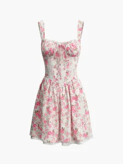 Sale Floral Tie Waist Short Dress Casual Dresses|Floral Dresses