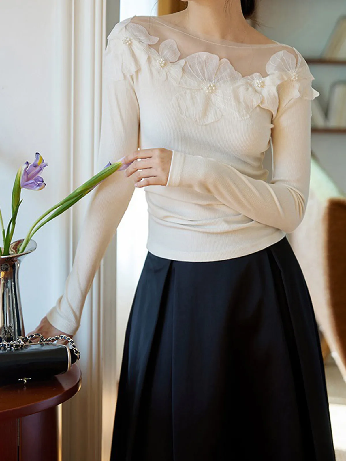 Discount Floral-Decor Ribbed Slim T-Shirt T-shirts|Tops