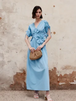 Online Flower Drawstring V-Neck Long Dress Casual Dresses|Vacation Dresses