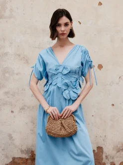 Online Flower Drawstring V-Neck Long Dress Casual Dresses|Vacation Dresses