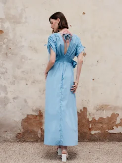 Online Flower Drawstring V-Neck Long Dress Casual Dresses|Vacation Dresses