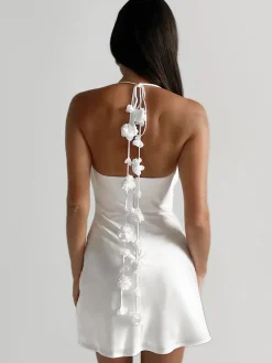 Discount Flower Stripe Backless Halter Short Dress White Dresses|Cocktail & Party Dresses