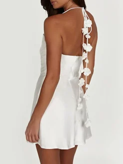 Discount Flower Stripe Backless Halter Short Dress White Dresses|Cocktail & Party Dresses
