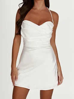 Discount Flower Stripe Backless Halter Short Dress White Dresses|Cocktail & Party Dresses