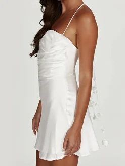 Discount Flower Stripe Backless Halter Short Dress White Dresses|Cocktail & Party Dresses