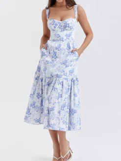 Forget Me Not Floral Pockets Zippered Long Dress Casual Dresses|Floral Dresses