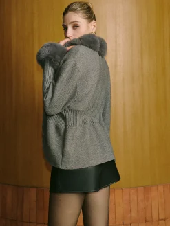 Online Fox Fur Panel Wool-Blend Knit Outerwear Outerwear|Knitwear
