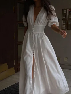 Best Frenchy  Button Split Long Dress White Dresses|Black Dresses