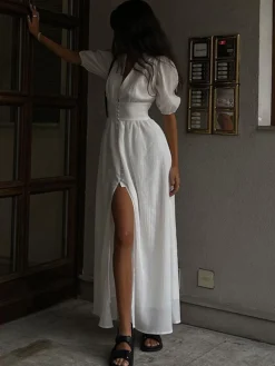 Best Frenchy  Button Split Long Dress White Dresses|Black Dresses