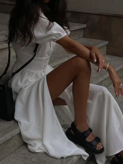 Best Frenchy  Button Split Long Dress White Dresses|Black Dresses