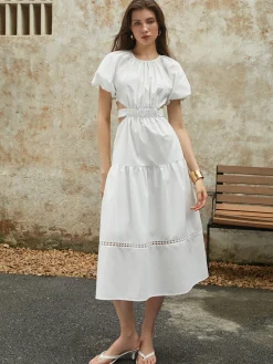 Best Frenchy Puff Sleeve Knotted Midi Dress White Dresses|Casual Dresses