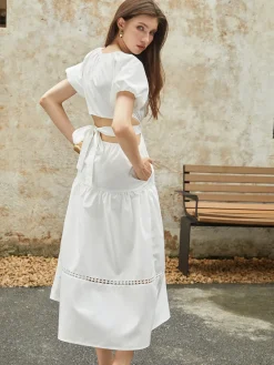 Best Frenchy Puff Sleeve Knotted Midi Dress White Dresses|Casual Dresses
