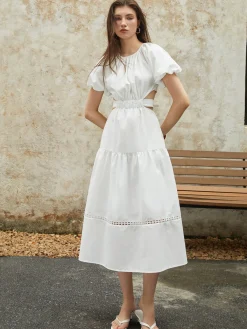 Best Frenchy Puff Sleeve Knotted Midi Dress White Dresses|Casual Dresses