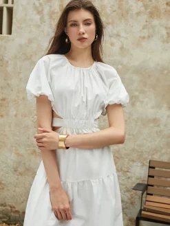 Best Frenchy Puff Sleeve Knotted Midi Dress White Dresses|Casual Dresses