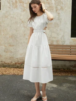 Best Frenchy Puff Sleeve Knotted Midi Dress White Dresses|Casual Dresses