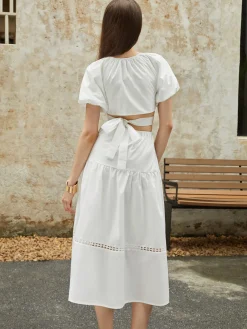 Best Frenchy Puff Sleeve Knotted Midi Dress White Dresses|Casual Dresses