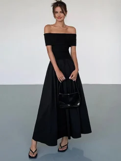 Online Frenchy Solid Off-Shoulder Long Dress Black Dresses|Casual Dresses