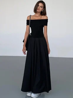 Online Frenchy Solid Off-Shoulder Long Dress Black Dresses|Casual Dresses