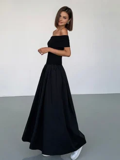 Online Frenchy Solid Off-Shoulder Long Dress Black Dresses|Casual Dresses