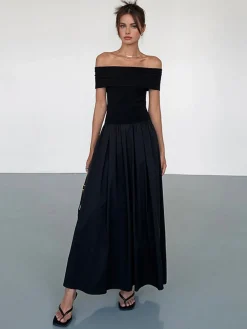 Online Frenchy Solid Off-Shoulder Long Dress Black Dresses|Casual Dresses