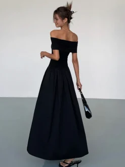 Online Frenchy Solid Off-Shoulder Long Dress Black Dresses|Casual Dresses