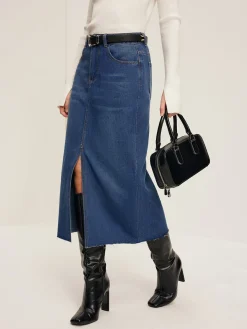 Sale Front Split Denim Skirt Without Belt Skirts|Denim