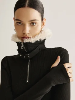 Hot Fuzzy Collar Belt-Design Zipper Blouse Tops