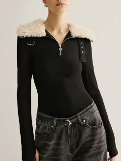 Hot Fuzzy Collar Belt-Design Zipper Blouse Tops