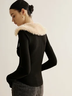 Hot Fuzzy Collar Belt-Design Zipper Blouse Tops
