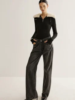 Hot Fuzzy Collar Belt-Design Zipper Blouse Tops