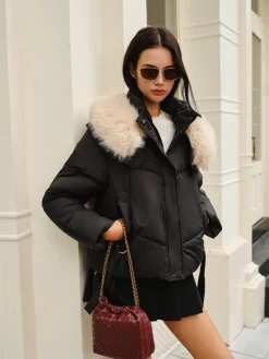 Online Fuzzy Collar Winter Short Coat Outerwear|Coats