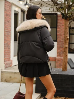 Online Fuzzy Collar Winter Short Coat Outerwear|Coats