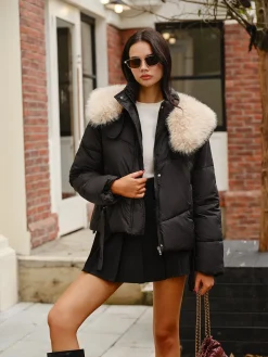 Online Fuzzy Collar Winter Short Coat Outerwear|Coats