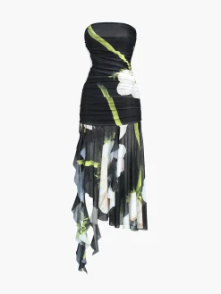 Outlet Gardenia Floral Mesh Pleat Tube Midi Dress Black Dresses|Casual Dresses