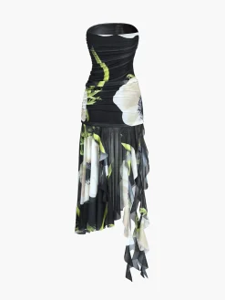 Outlet Gardenia Floral Mesh Pleat Tube Midi Dress Black Dresses|Casual Dresses