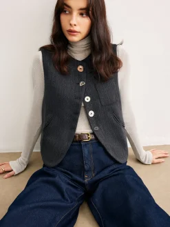 Online Geometric Button Short Vest Outerwear|Vests